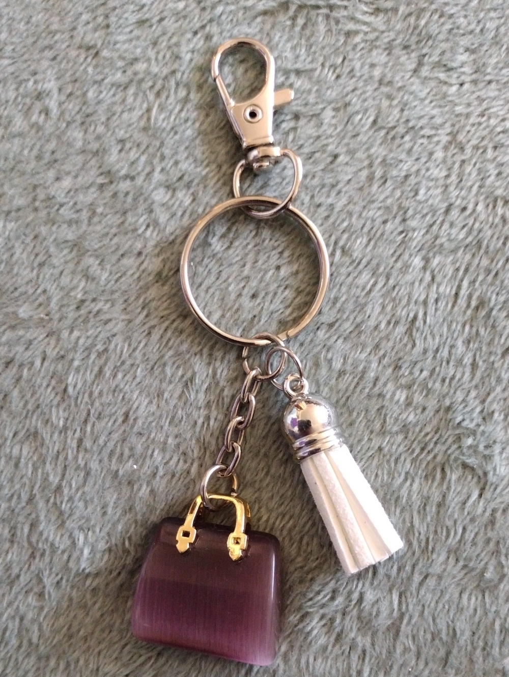 Silver Keyring Charm with Purple HandBag and White Tassel